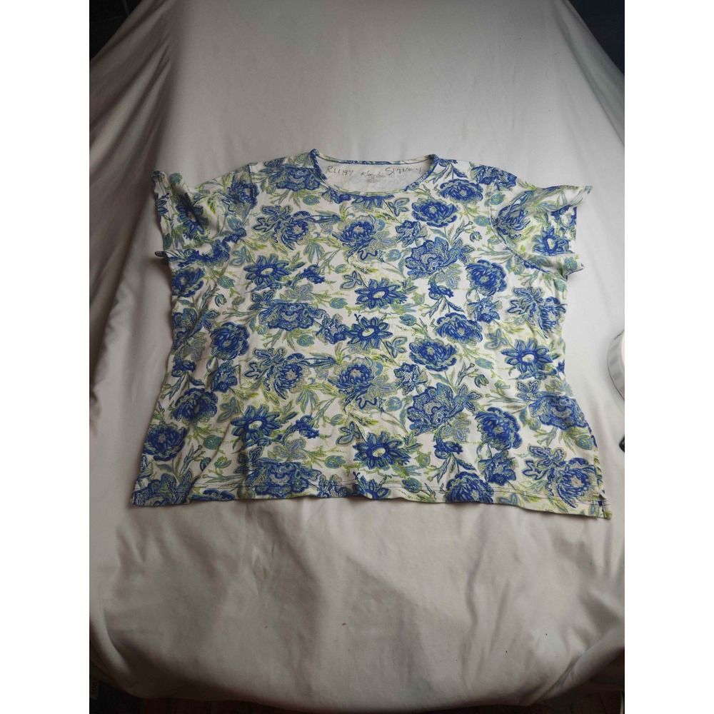 Kim Rogers Woman Blue Green Floral Cotton Short Sleeve Tee Top 2X
